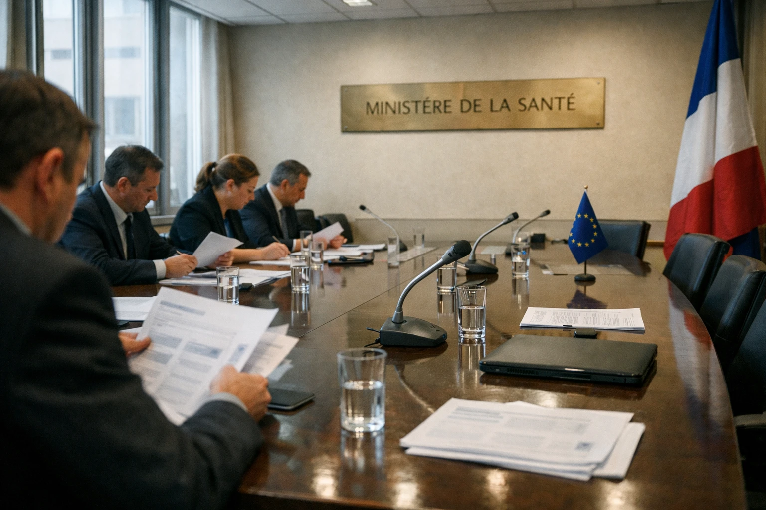 Réunion de coordination sanitaire dans un ministère français avec micros, dossiers et drapeau tricolore discret.