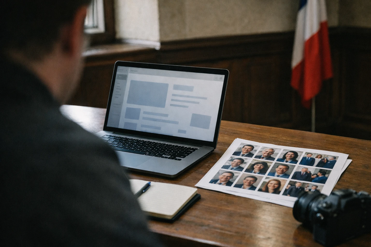 Photo de presse éditoriale dans une mairie française, avec ordinateur, portraits de candidats et drapeau tricolore discret en arrière-plan.