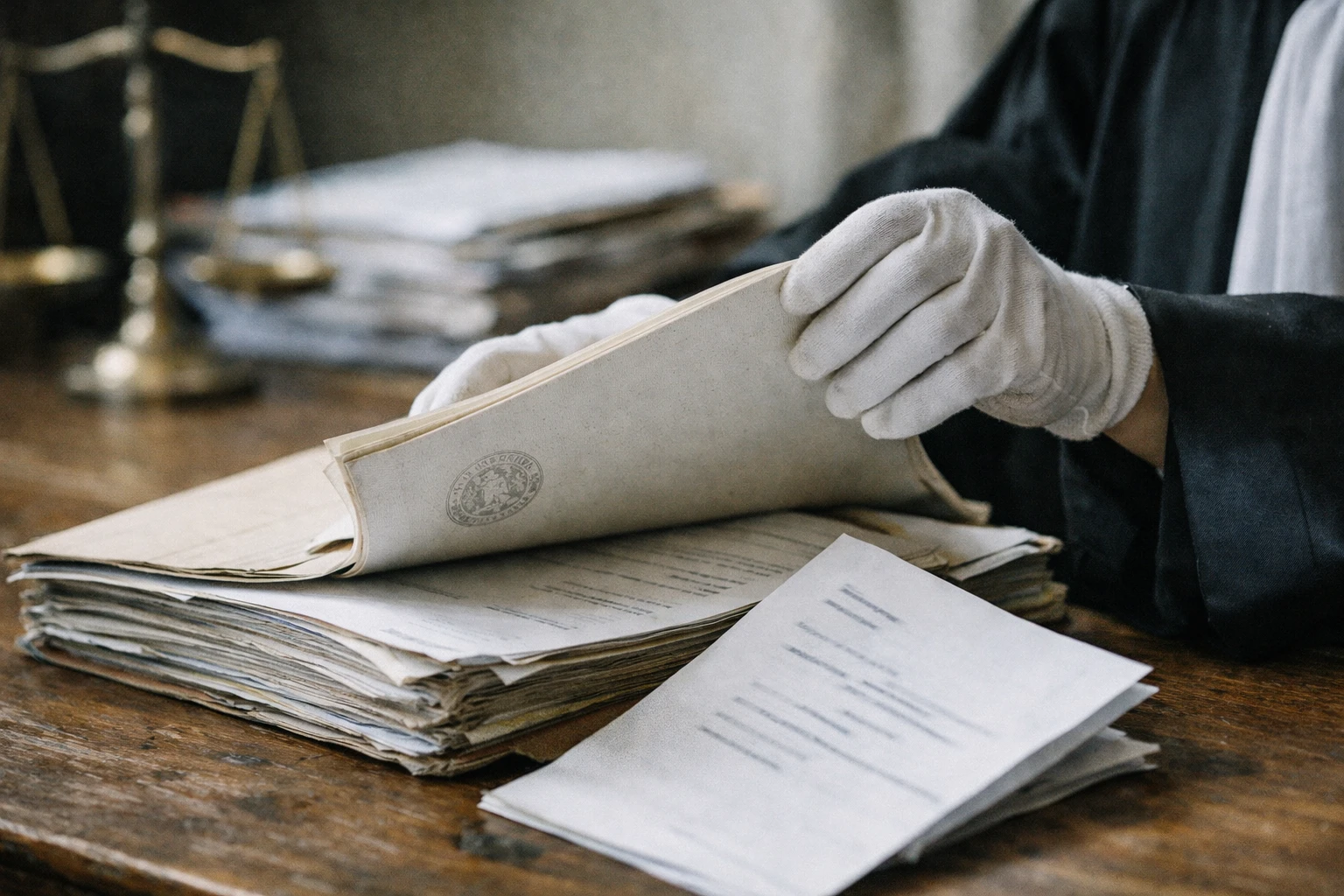 Gros plan photojournalistique d’un dossier judiciaire ouvert dans une salle d’audience parisienne, avec documents officiels et ambiance de procès en appel.
