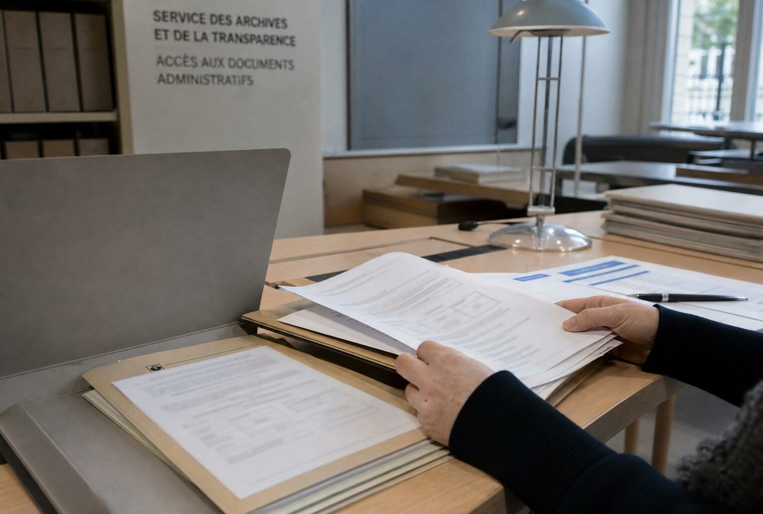 Dossiers administratifs et demande d’accès aux documents dans un bureau d’archives français lumineux.