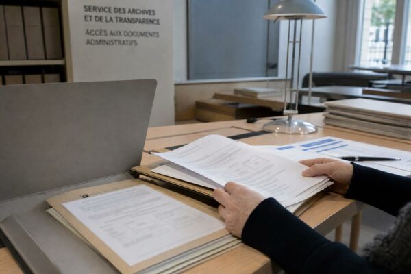 Dossiers administratifs et demande d’accès aux documents dans un bureau d’archives français lumineux.