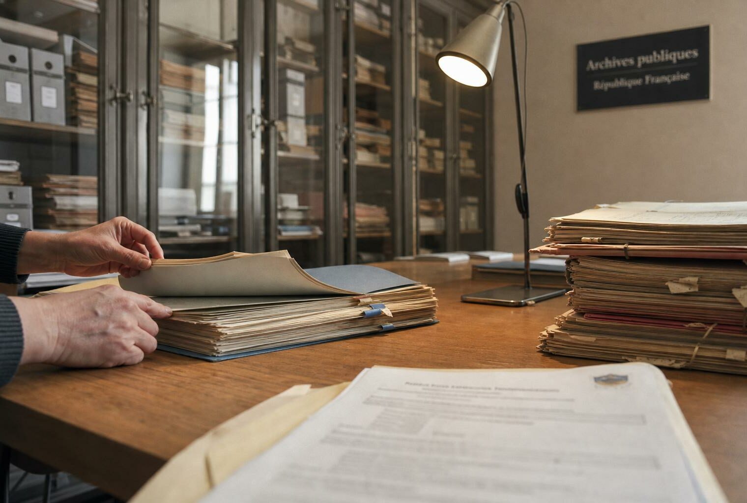Mains anonymes classant des dossiers d’archives dans une salle claire de documents administratifs