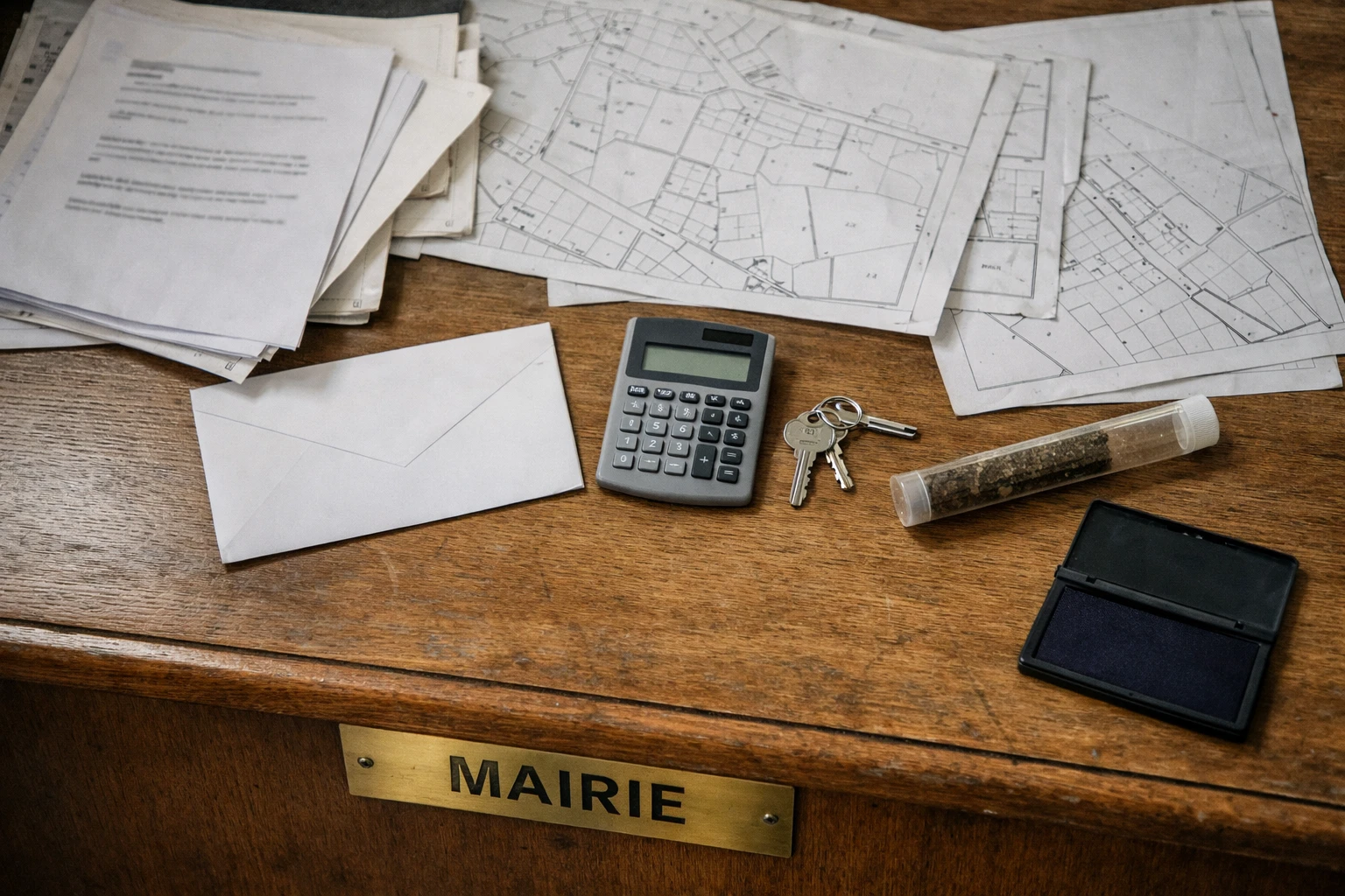 Vue en plongée d’un bureau de mairie avec cartes cadastrales, documents d’urbanisme, calculatrice et échantillon de sol pour illustrer l’artificialisation des sols.