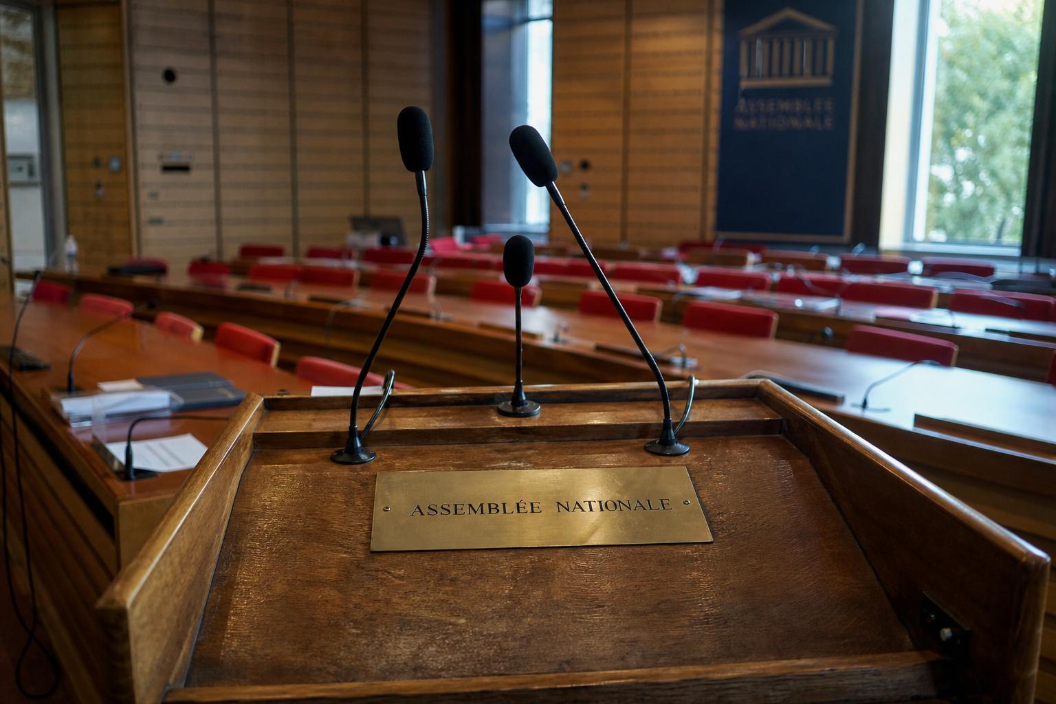 Salle de presse de l’Assemblée nationale avec pupitre vide et micros, pour illustrer un texte sur les conflits d’intérêts dans l’audiovisuel public.