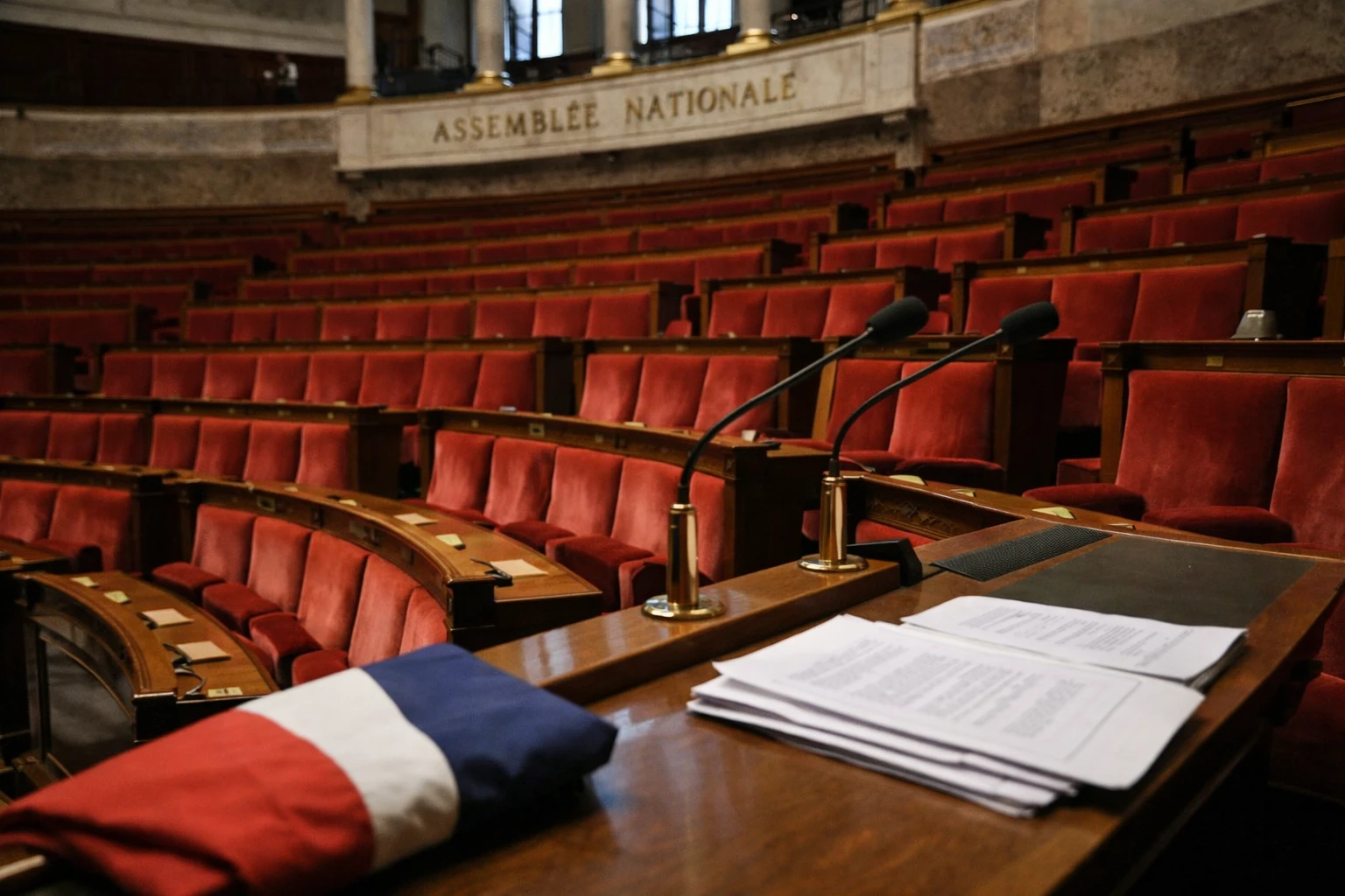 L’hémicycle de l’Assemblée nationale vu en oblique, avec sièges rouges vides et pupitres, pour illustrer l’enjeu des législatives après la présidentielle.