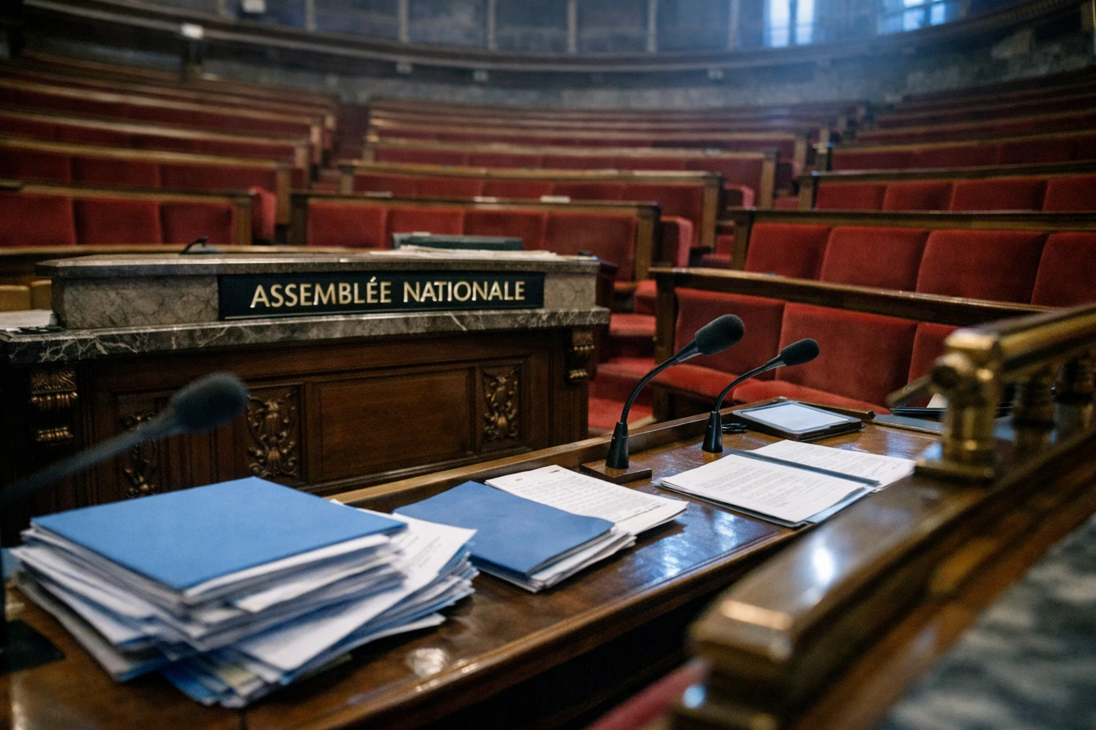 Vue oblique de l’hémicycle de l’Assemblée nationale avec sièges rouges vides et micros de commission, illustrant le débat sur la loi d’urgence agricole.