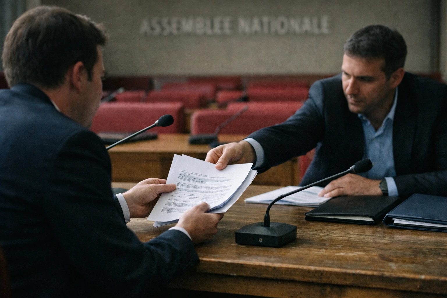 Deux conseillers politiques anonymes dans une salle de commission de l’Assemblée nationale, avec micros et sièges rouges en arrière-plan.