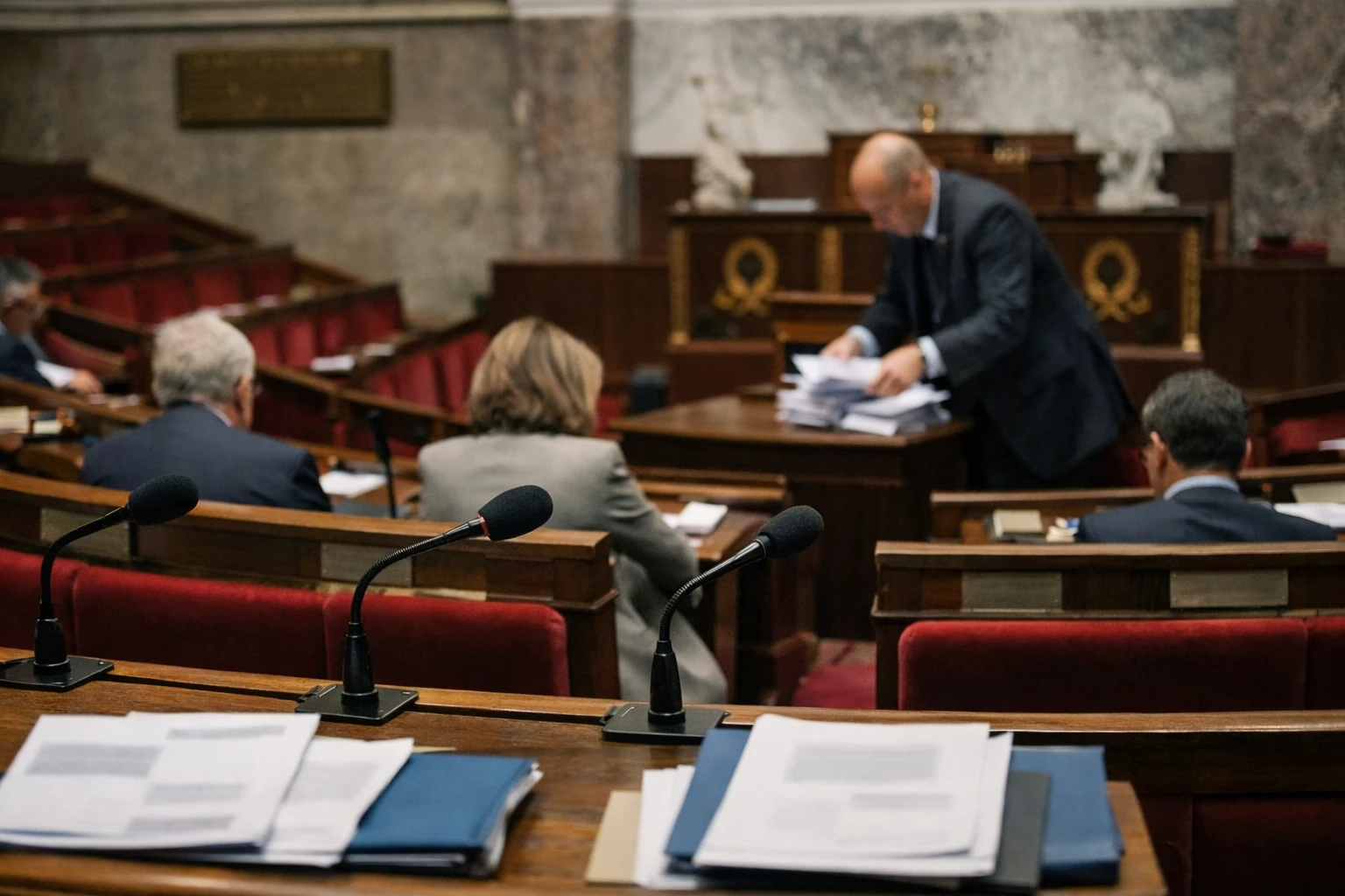 Séance de l’Assemblée nationale avec sièges rouges, micros de pupitre et vote parlementaire sur la protection des victimes.