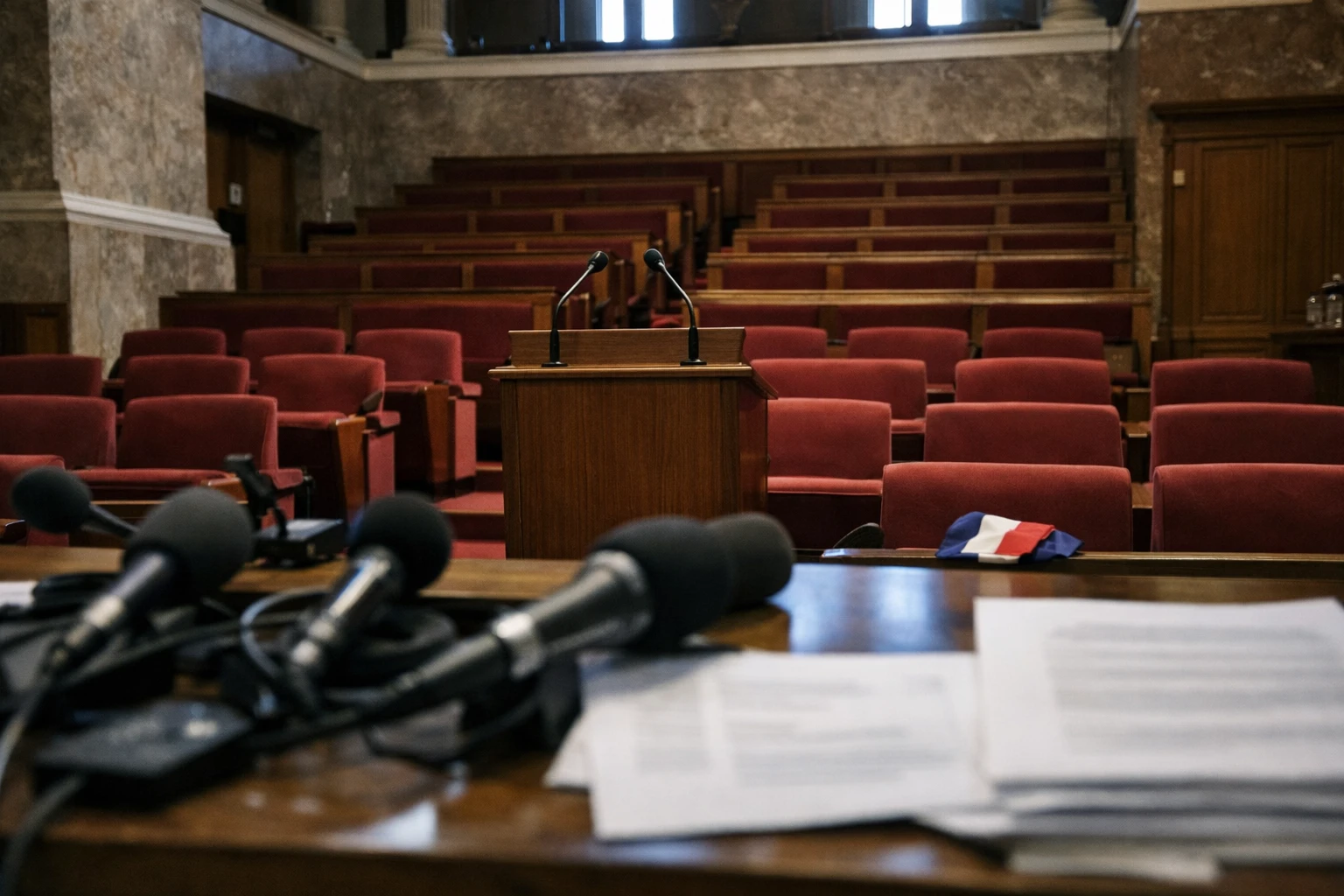 Press room of the French National Assembly with microphones, empty lectern and red seats after a vote on immigration detention rules