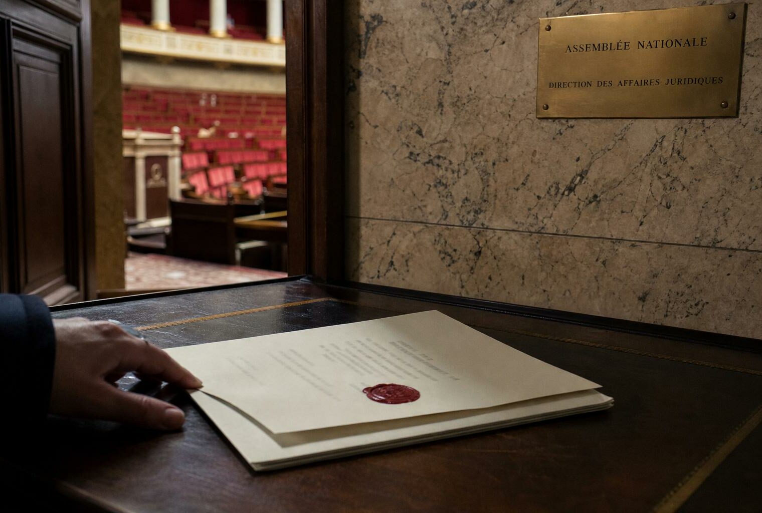 Dossier officiel tamponné dans un couloir de l’Assemblée nationale, en style photojournalistique éditorial