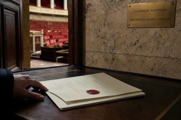 Dossier officiel tamponné dans un couloir de l’Assemblée nationale, en style photojournalistique éditorial