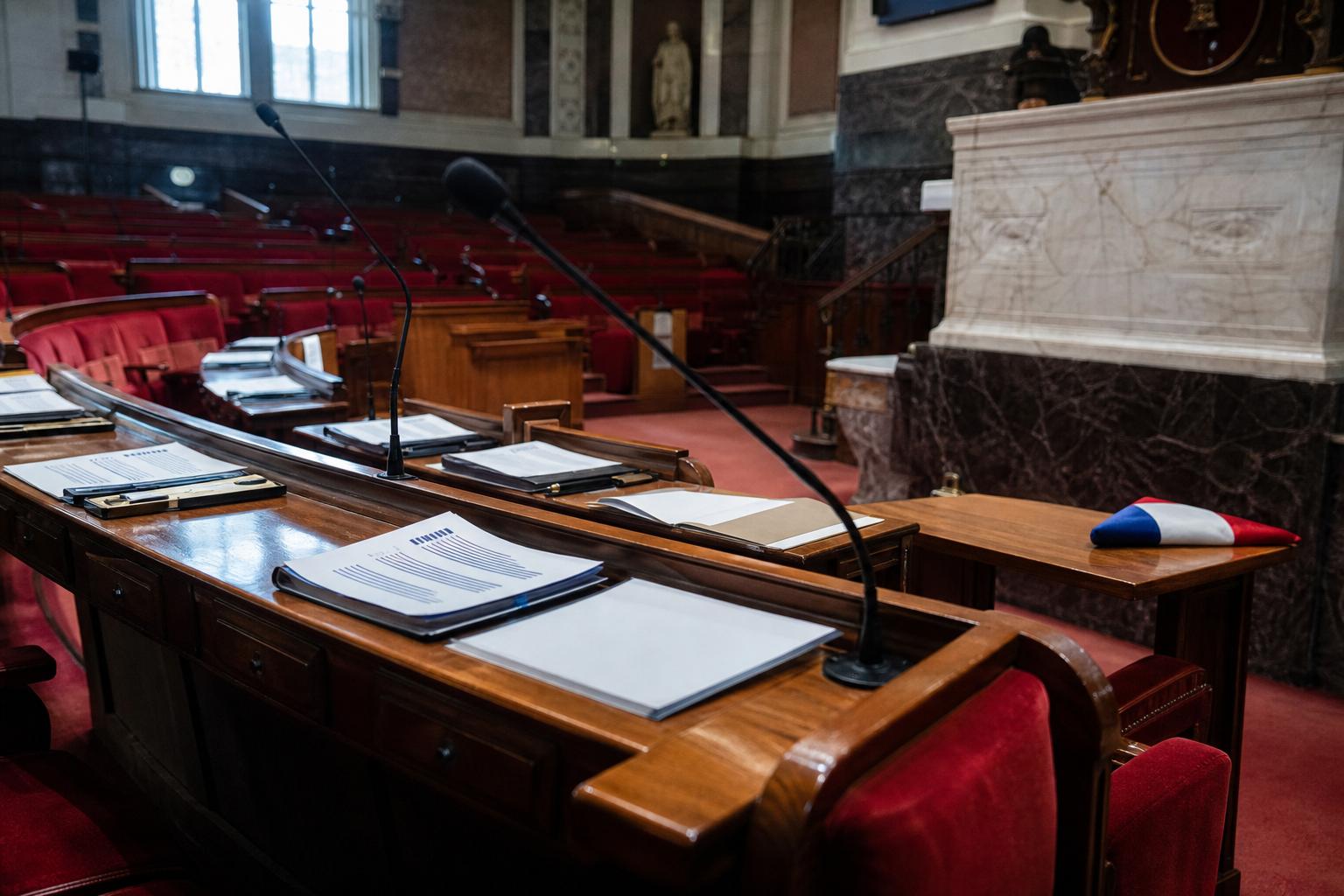 Salle de commission de l’Assemblée nationale avec micros, sièges rouges et dossiers liés au débat sur l’eau