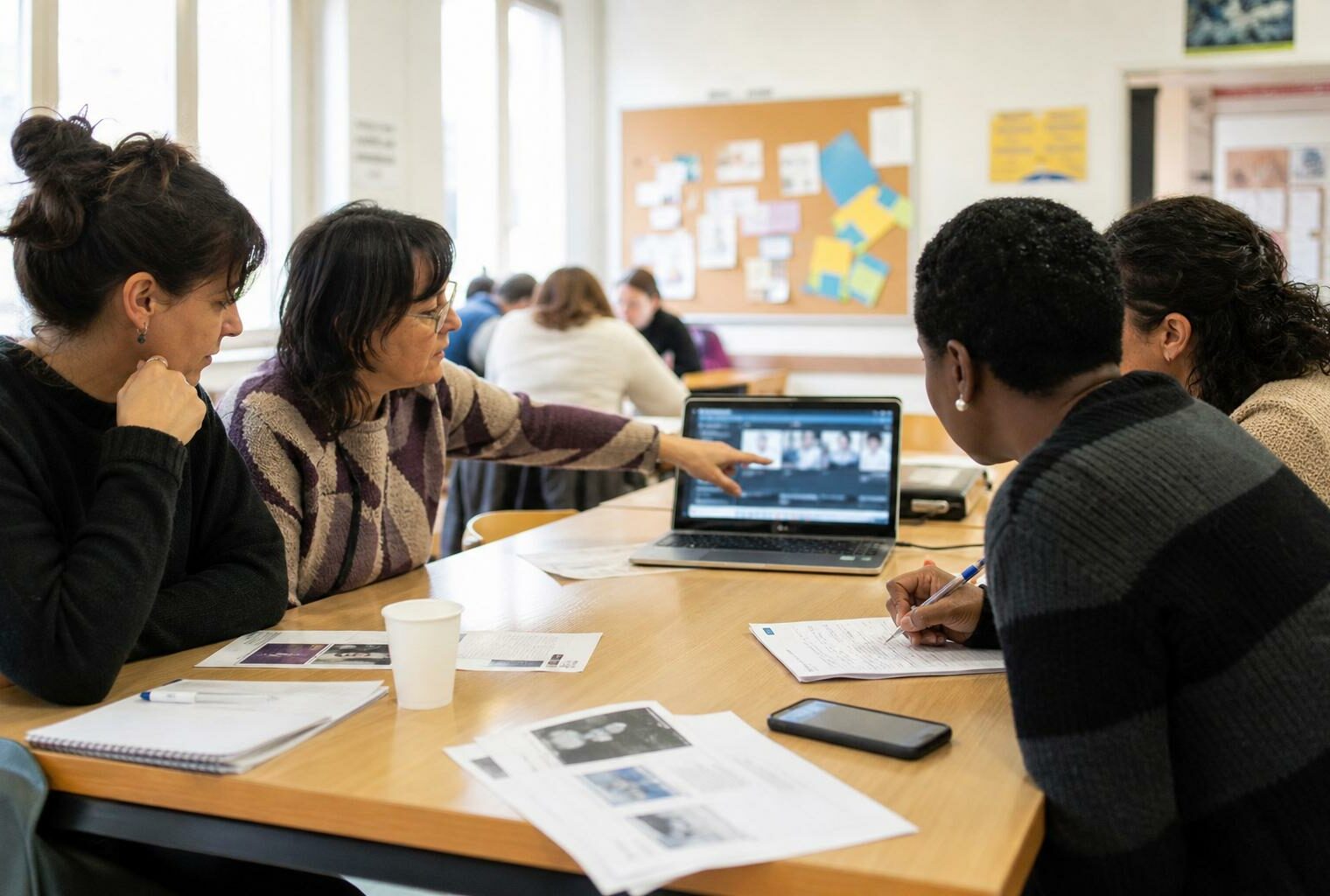 Atelier dans une maison de quartier en France sur le décryptage d’une vidéo politique, autour d’un ordinateur portable.