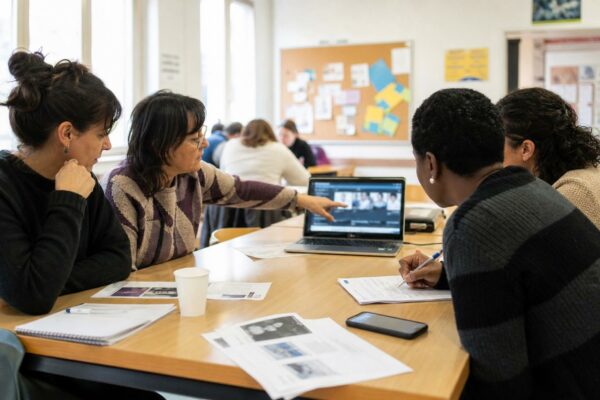 Atelier dans une maison de quartier en France sur le décryptage d’une vidéo politique, autour d’un ordinateur portable.