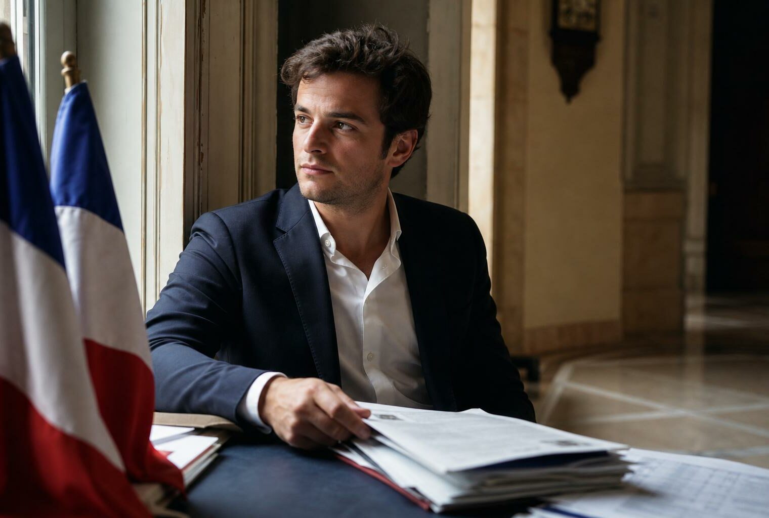 Portrait photojournalistique d’un jeune candidat français dans un bureau de campagne, avec drapeau tricolore discret et ambiance institutionnelle locale.