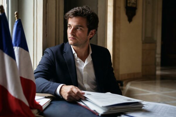 Portrait photojournalistique d’un jeune candidat français dans un bureau de campagne, avec drapeau tricolore discret et ambiance institutionnelle locale.