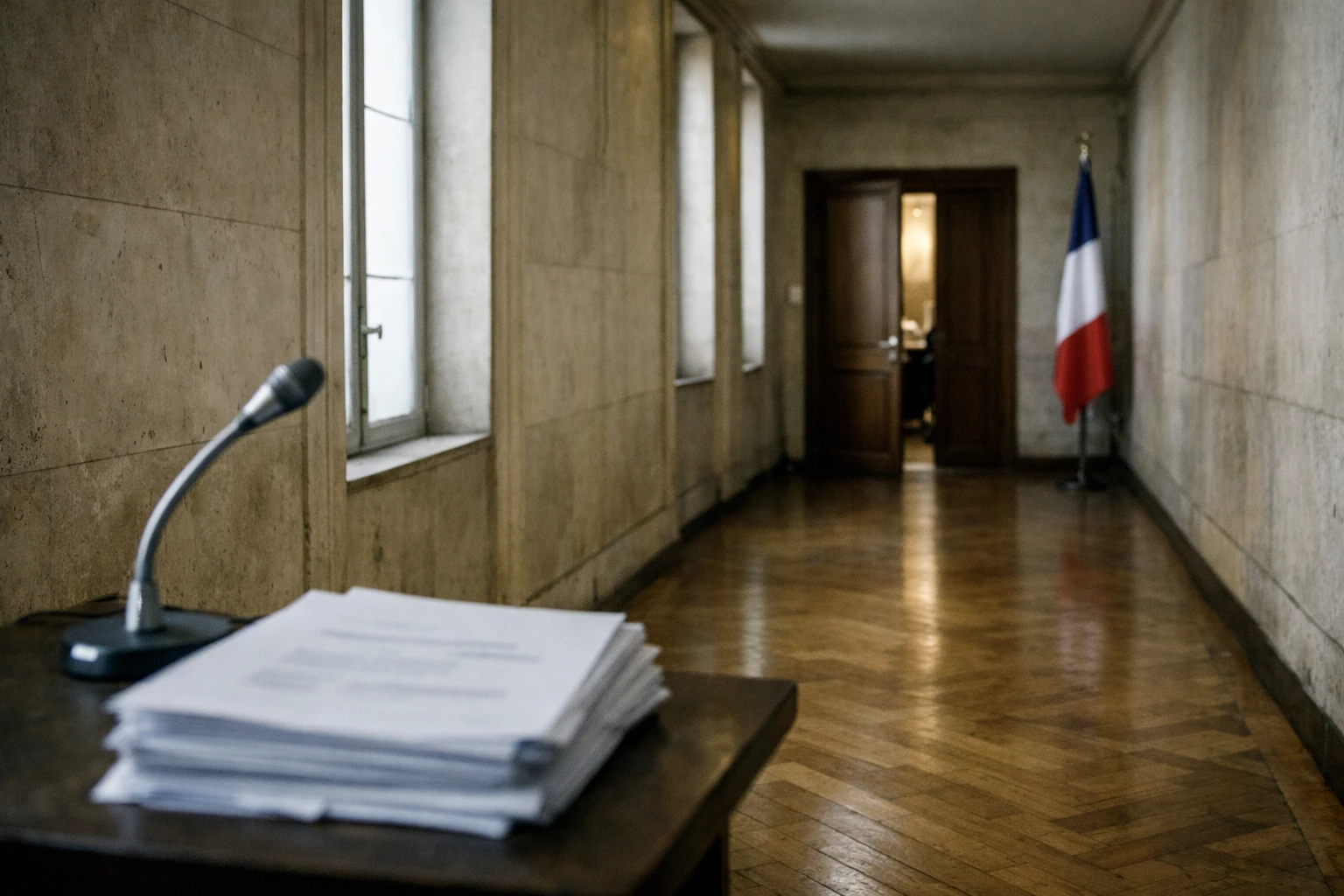 Couloir institutionnel parisien avec documents flous et drapeau tricolore discret, illustrant la préparation d’une candidature présidentielle au sein de Renaissance.