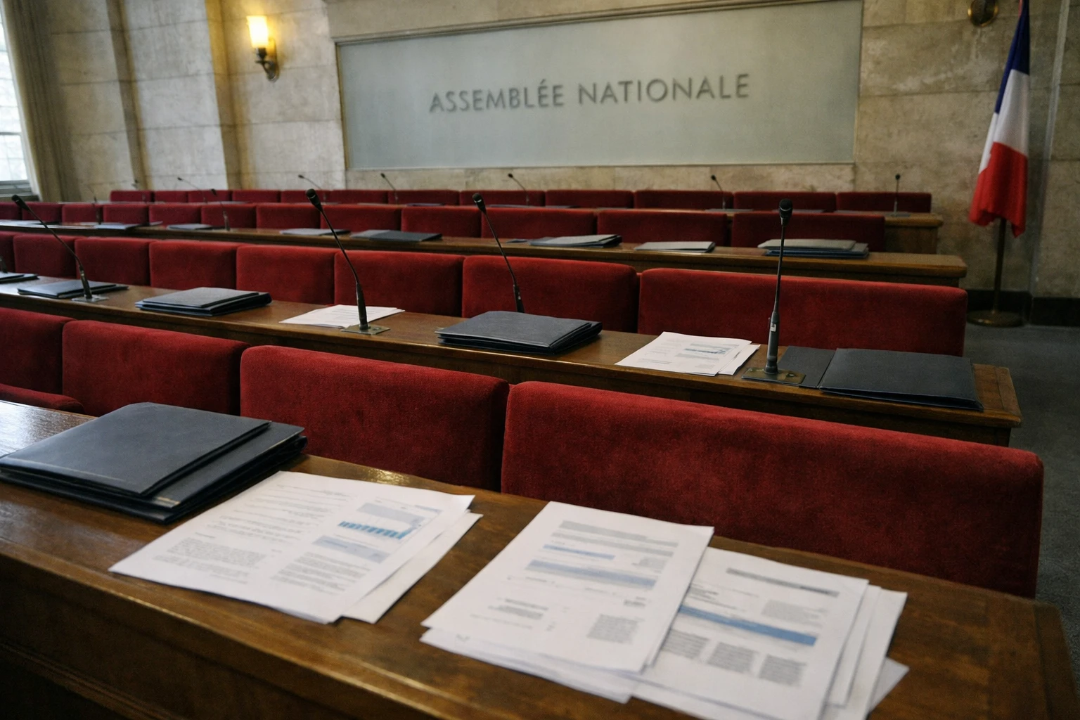 Salle de commission de l’Assemblée nationale avec micros et dossiers, en lien avec le rapport sur l’audiovisuel public