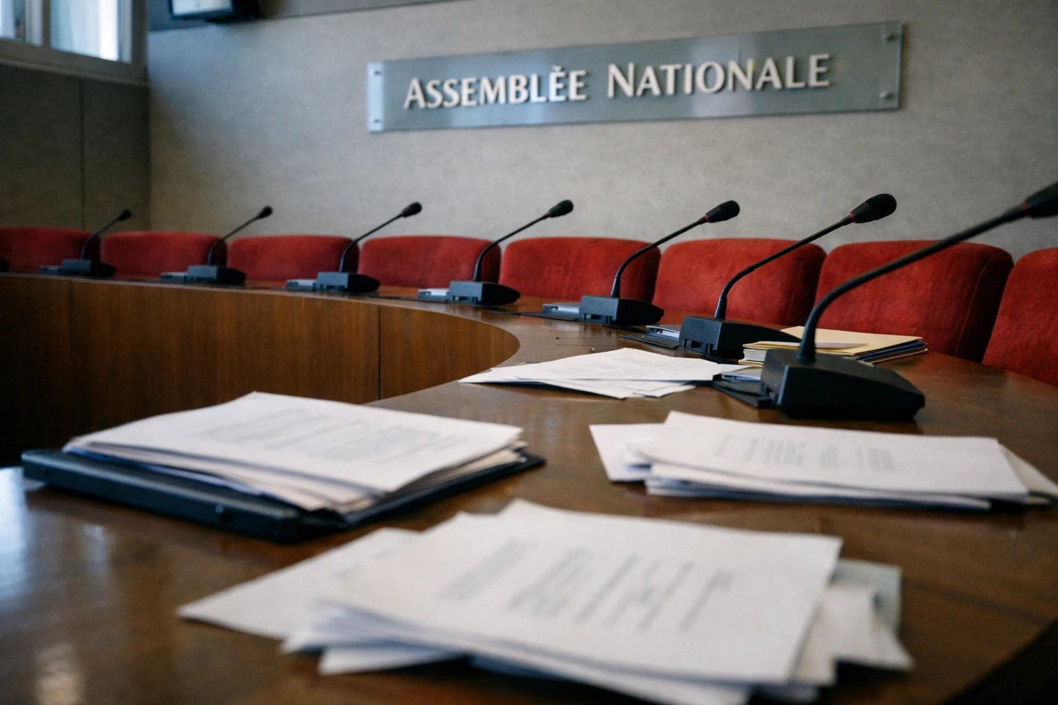 Salle de commission de l’Assemblée nationale avec micros, dossiers et sièges rouges, illustrant le débat sur l’audiovisuel public.