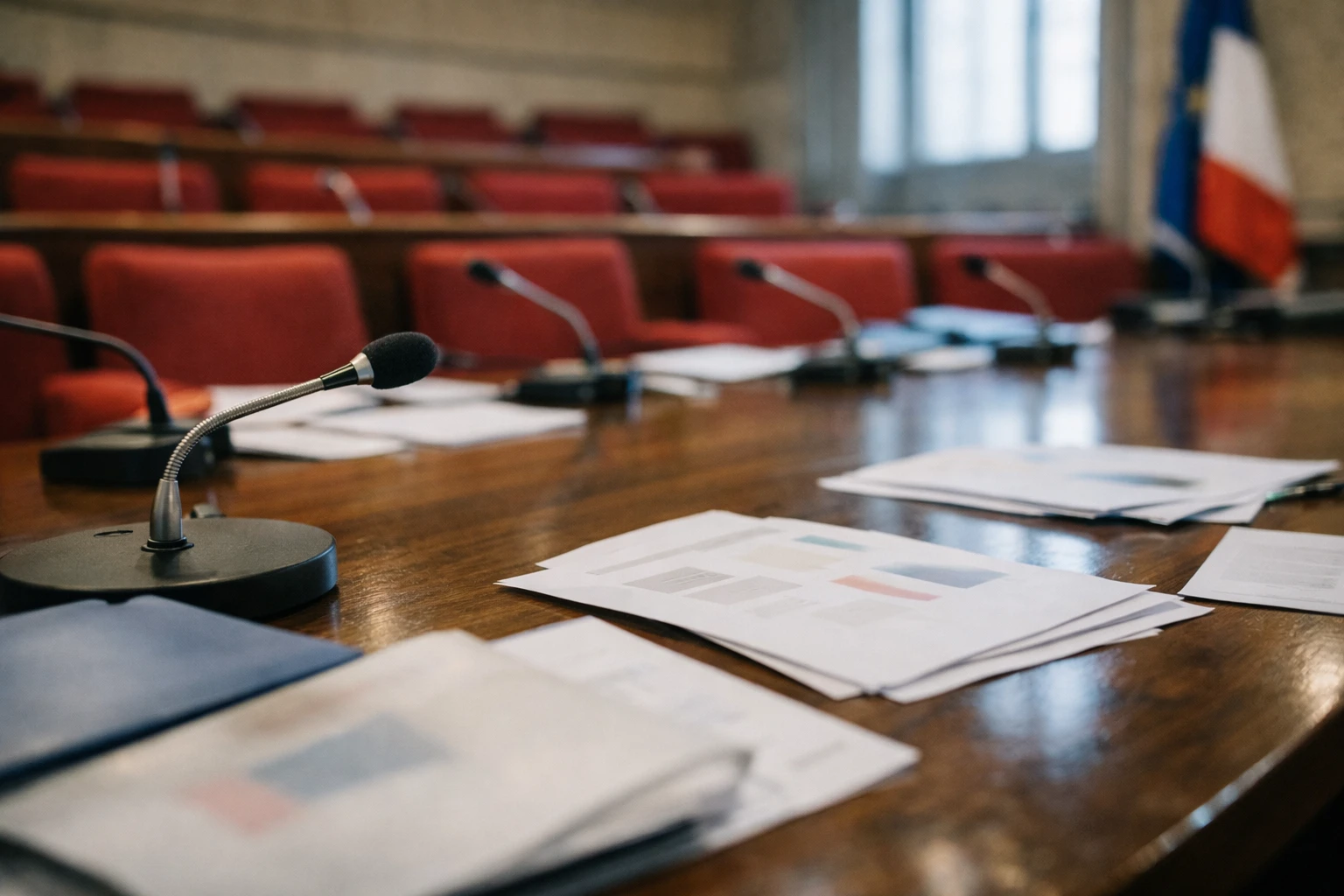 Salle de commission de l’Assemblée nationale avec micros, sièges rouges et documents floutés sur l’audiovisuel public.