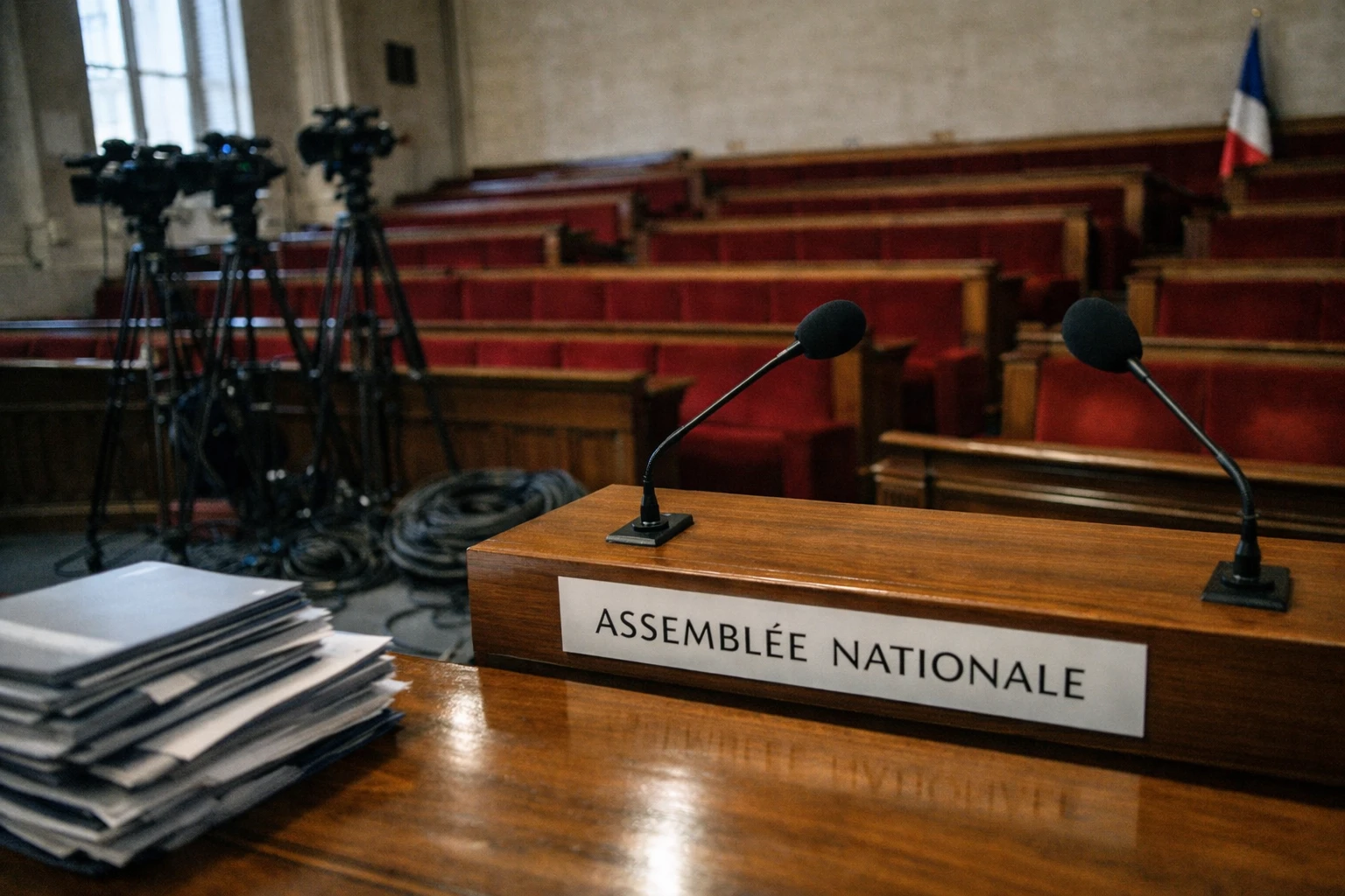 Salle de presse vide à l’Assemblée nationale avec micros, caméras et sièges rouges autour du débat sur l’audiovisuel public