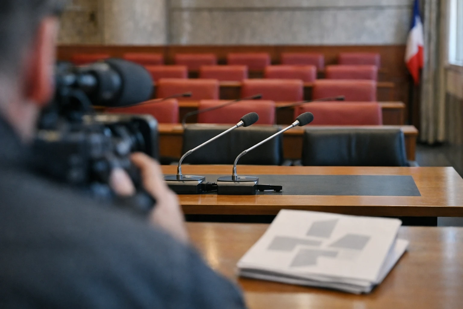 Photo de presse dans une salle d’audition parlementaire sur l’audiovisuel public, avec micros, sièges rouges et ambiance documentaire.