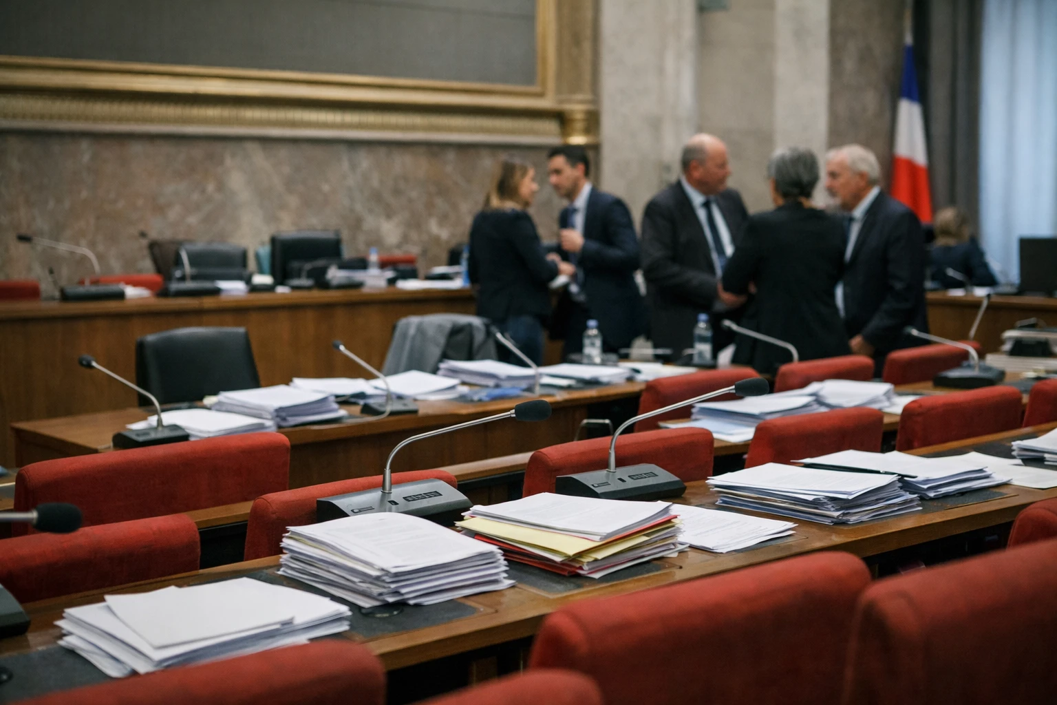 Salle de commission de l’Assemblée nationale avec micros et sièges rouges pour illustrer le débat sur l’audiovisuel public