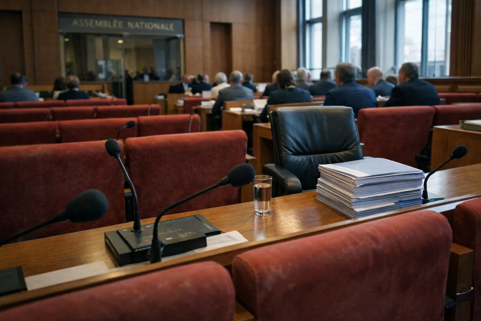 Salle de commission de l’Assemblée nationale avec micros et dossiers sur l’audiovisuel public
