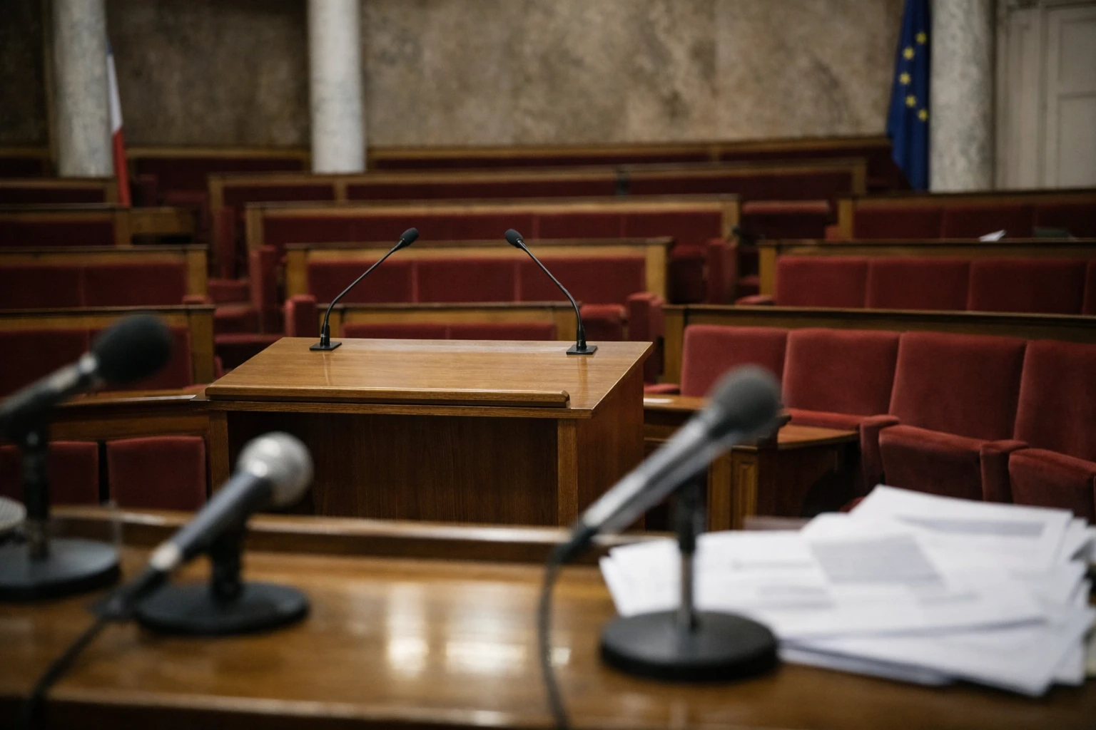 Salle de presse de l’Assemblée nationale avec pupitre vide et micros, illustrant le débat sur l’audiovisuel public.
