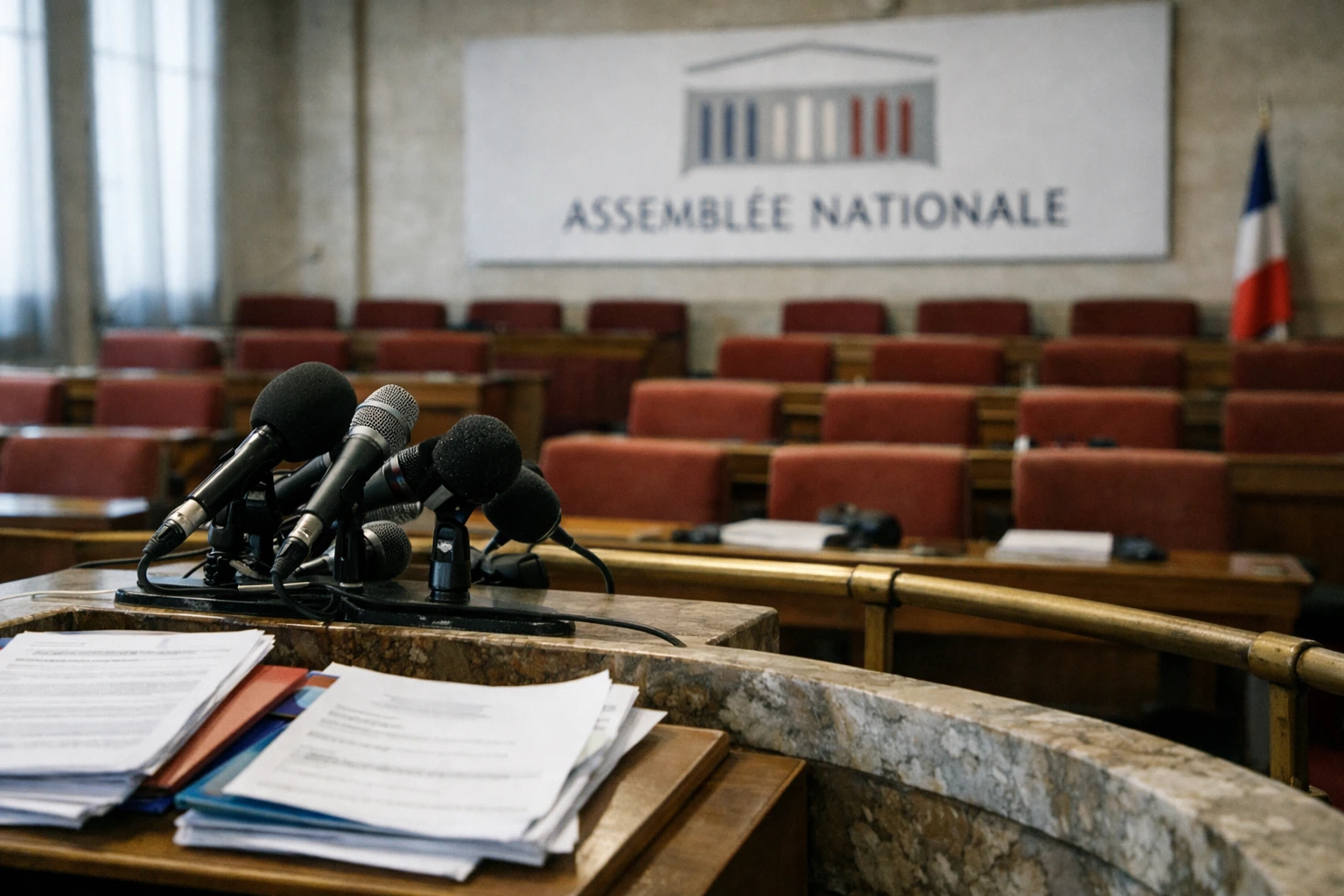 Salle de presse de l’Assemblée nationale avec pupitre vide et micros, en contexte de débat sur l’audiovisuel public.