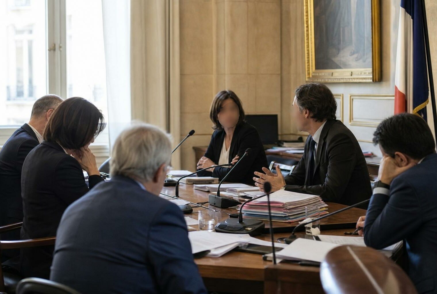 Audition parlementaire en France avec micros, dossiers ouverts et silhouettes anonymes dans une salle lumineuse