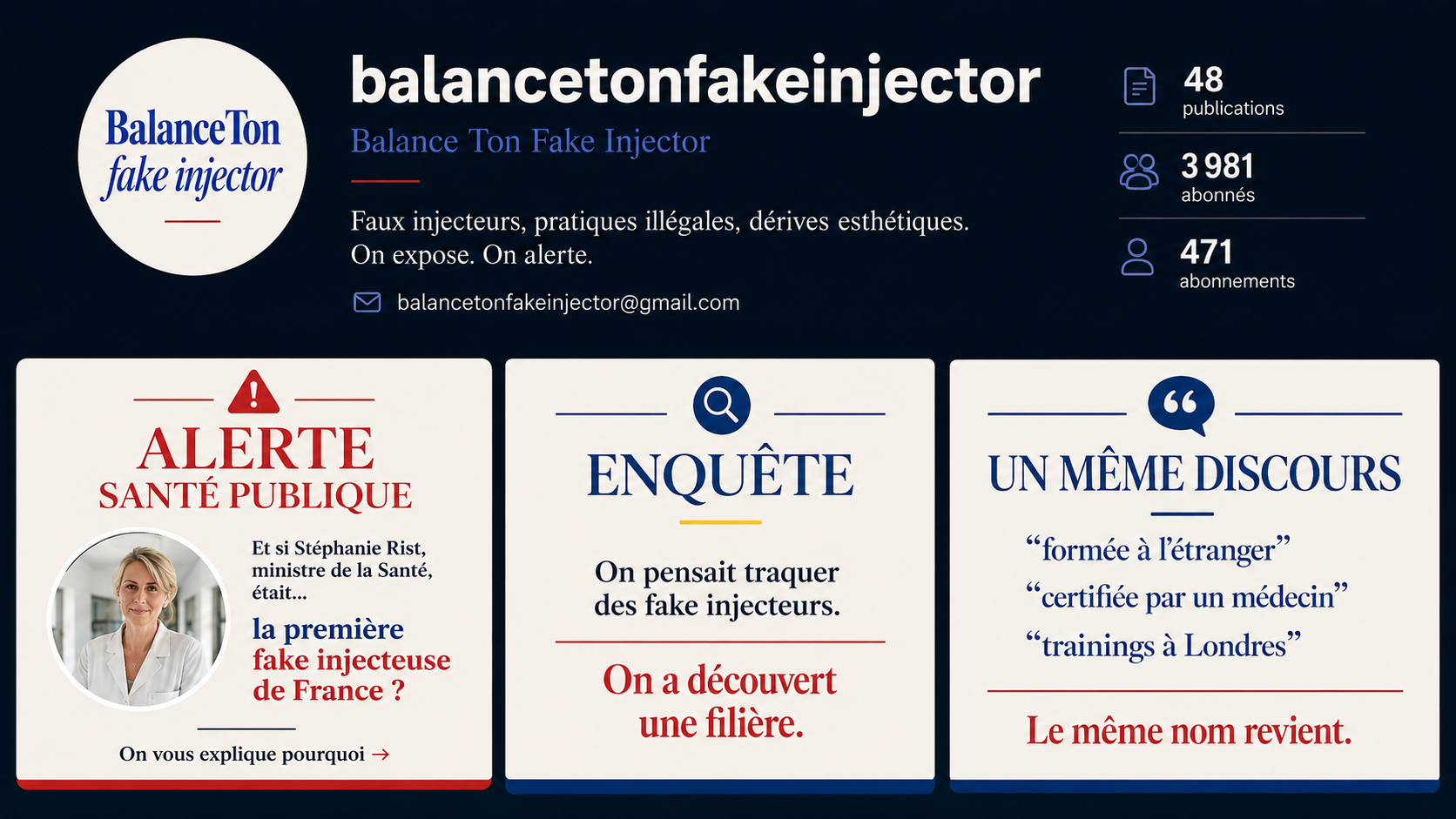 Visuel éditorial d’enquête sur le compte Balance Ton Fake Injector alertant sur les faux injecteurs et les dérives esthétiques.