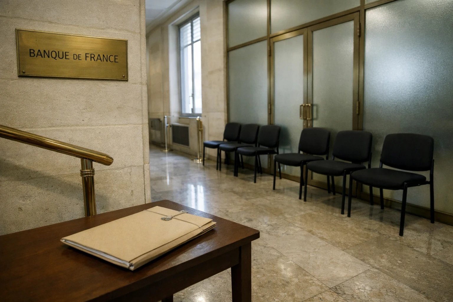 Intérieur institutionnel vide à la Banque de France, avec couloir de presse et dossier fermé en premier plan.