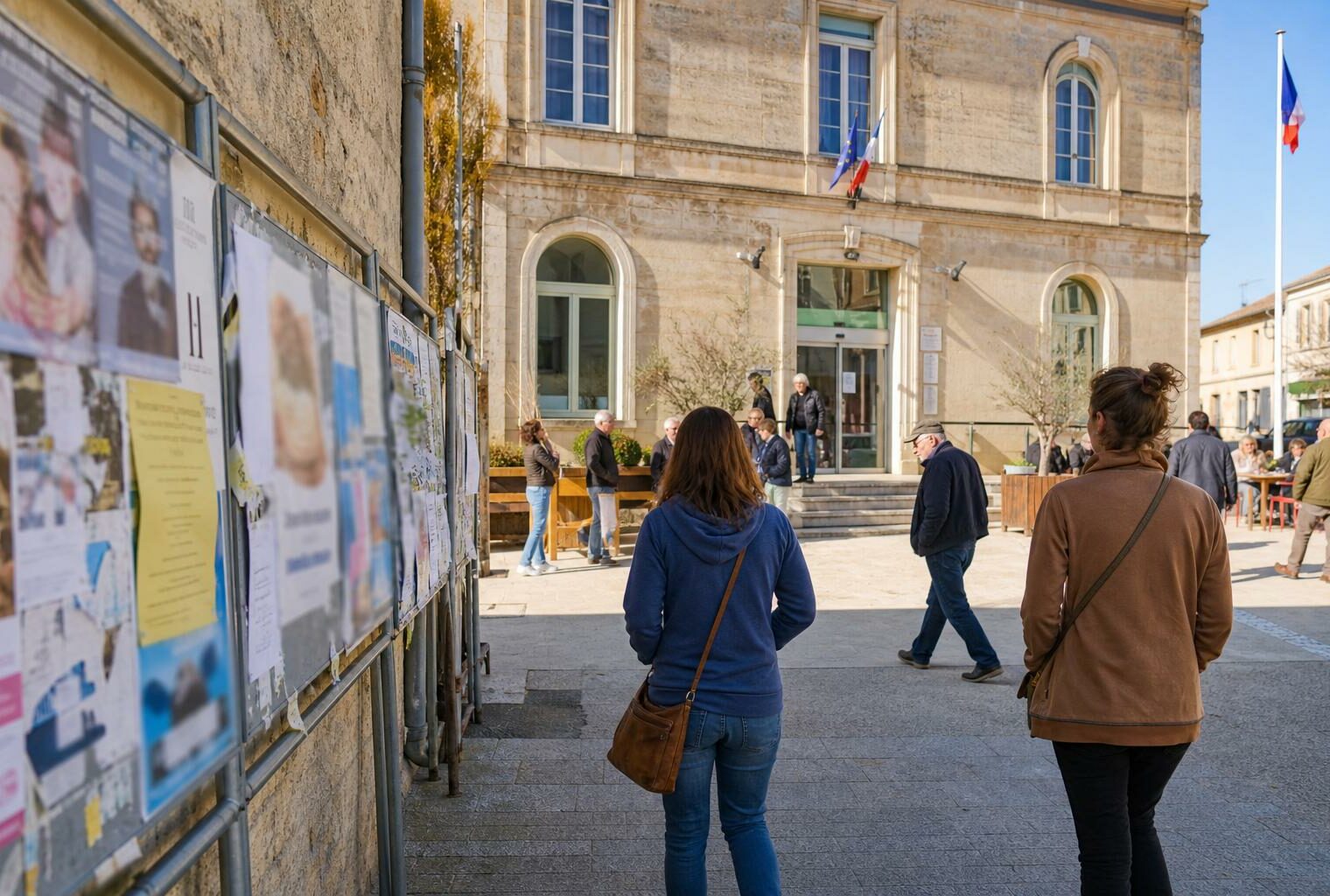 Place de petite ville française avec passants, mairie et affiches de campagne floutées dans une ambiance de reportage.