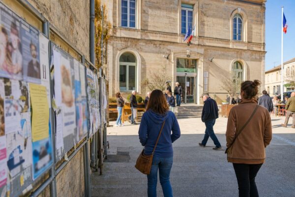 Place de petite ville française avec passants, mairie et affiches de campagne floutées dans une ambiance de reportage.