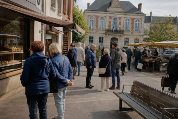 Place de ville moyenne française avec marché, passants anonymes et mairie en arrière-plan sous une lumière claire.