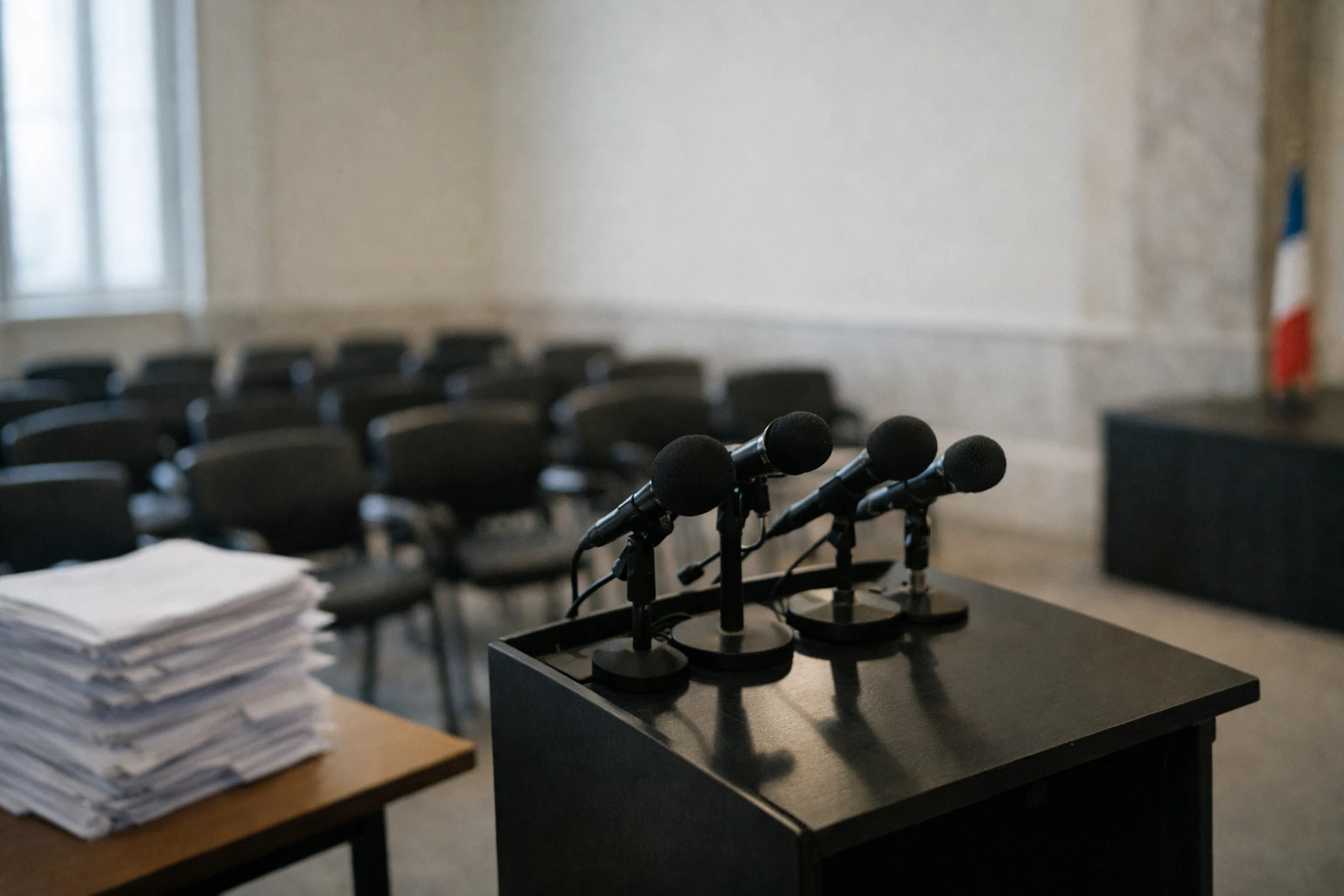 Salle politique parisienne vide avec pupitre, micros et documents flous illustrant le départ d’Élisabeth Borne de la direction de Renaissance