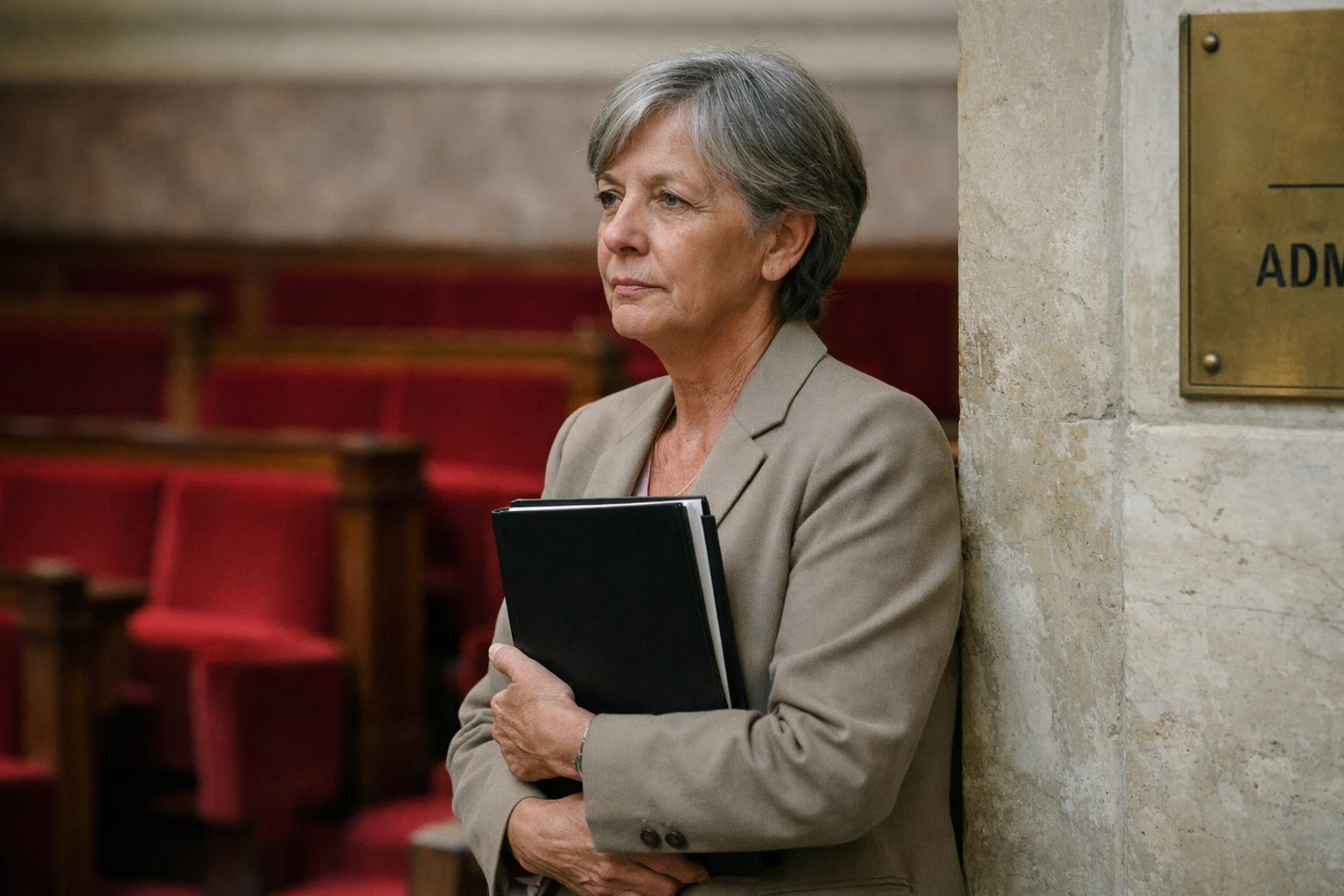 Portrait photojournalistique d’une femme politique française dans un couloir institutionnel, sur fond de sièges rouges de l’Assemblée nationale.
