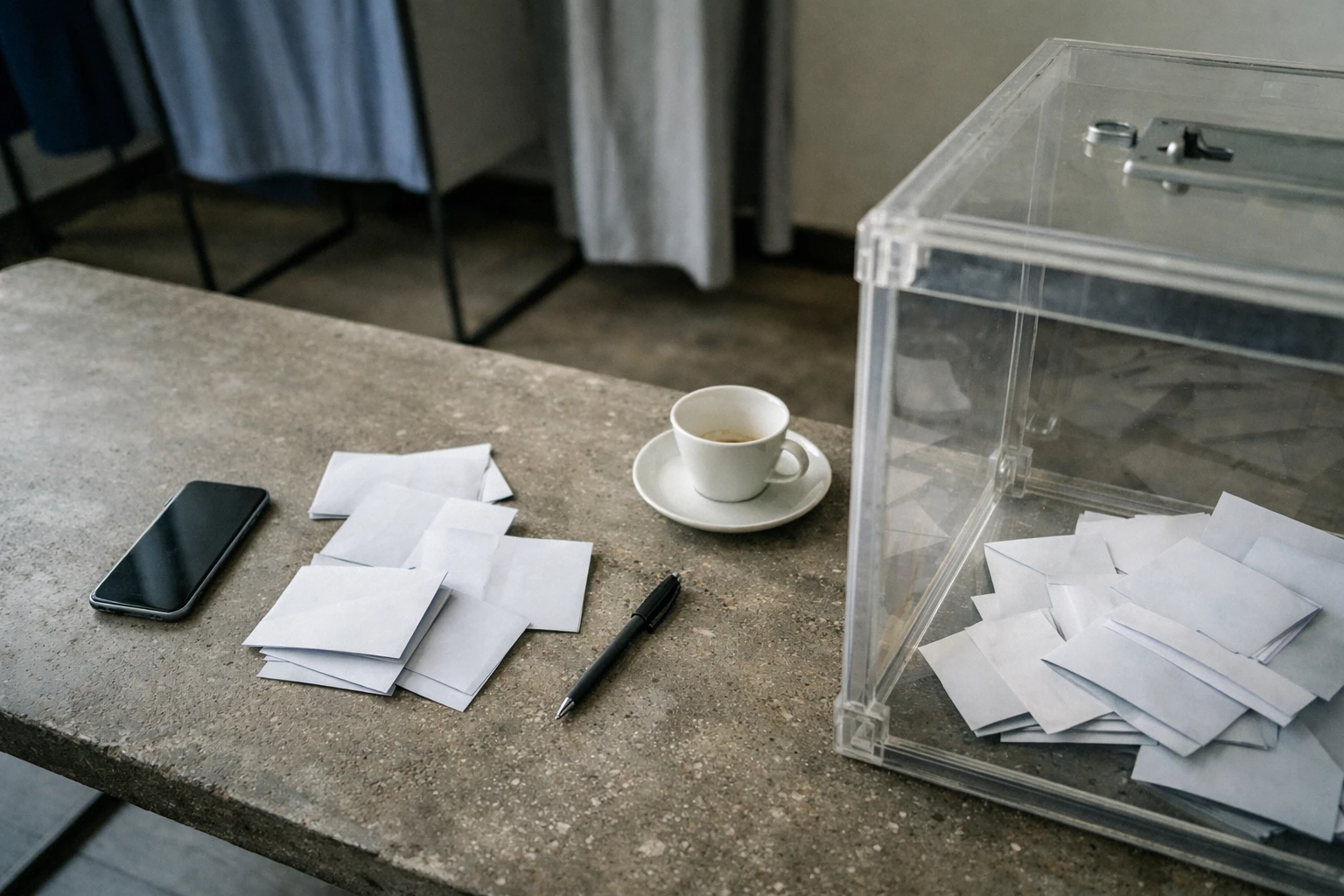 Vue de dessus d’une scène politique française avec urne transparente, papiers flous et ambiance de préparation électorale.
