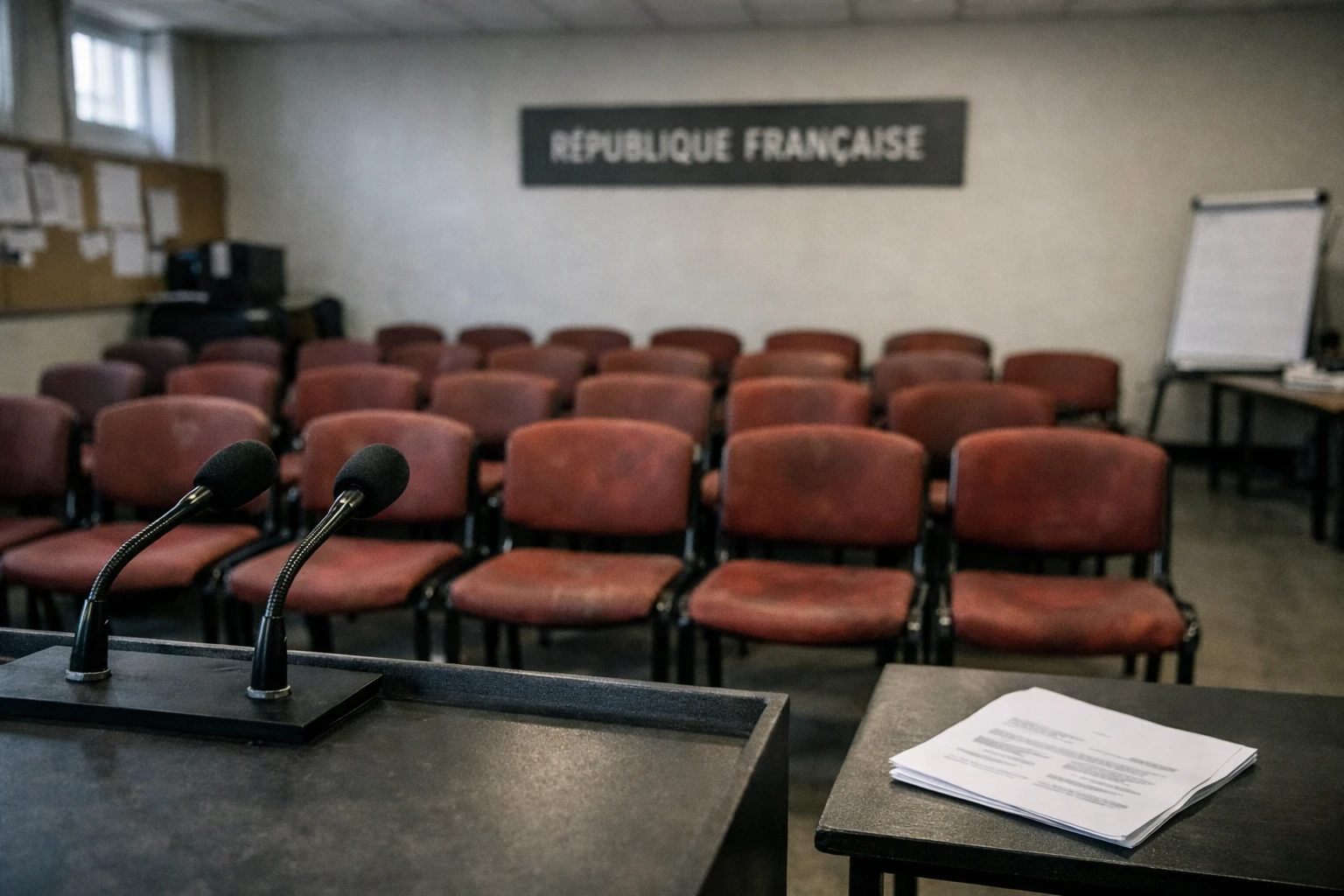 Salle de presse politique vide avec pupitre et micros, ambiance de tension interne autour de 2027