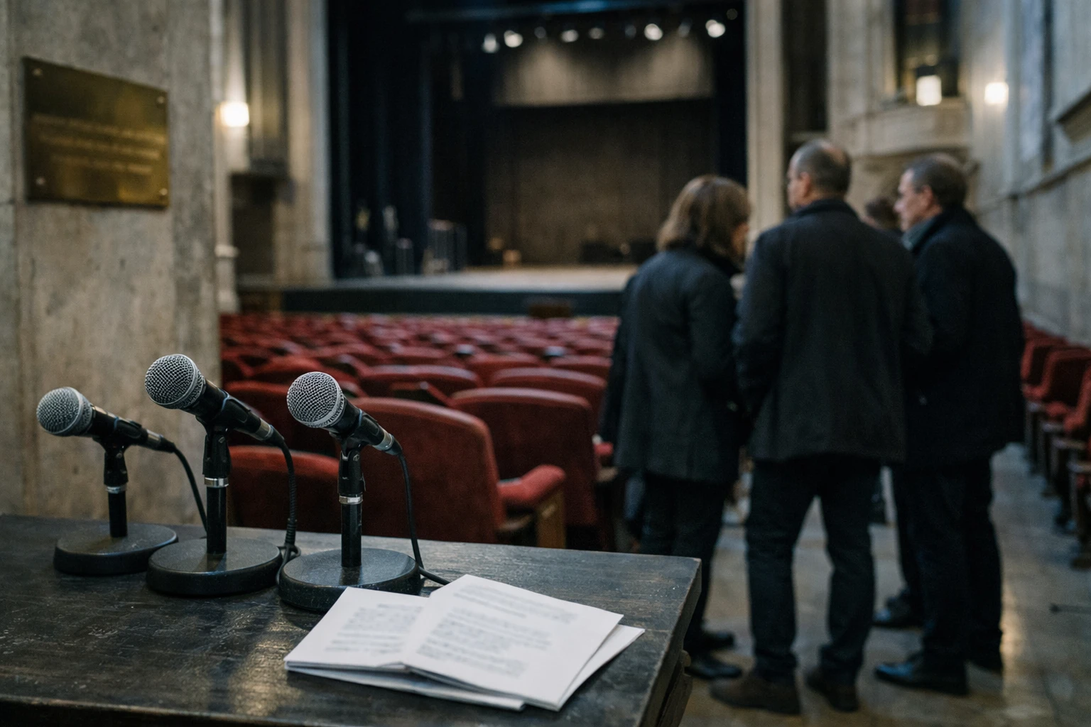 Intérieur d’une salle de concert parisienne avec micros, sièges rouges et professionnels de la musique en discussion.