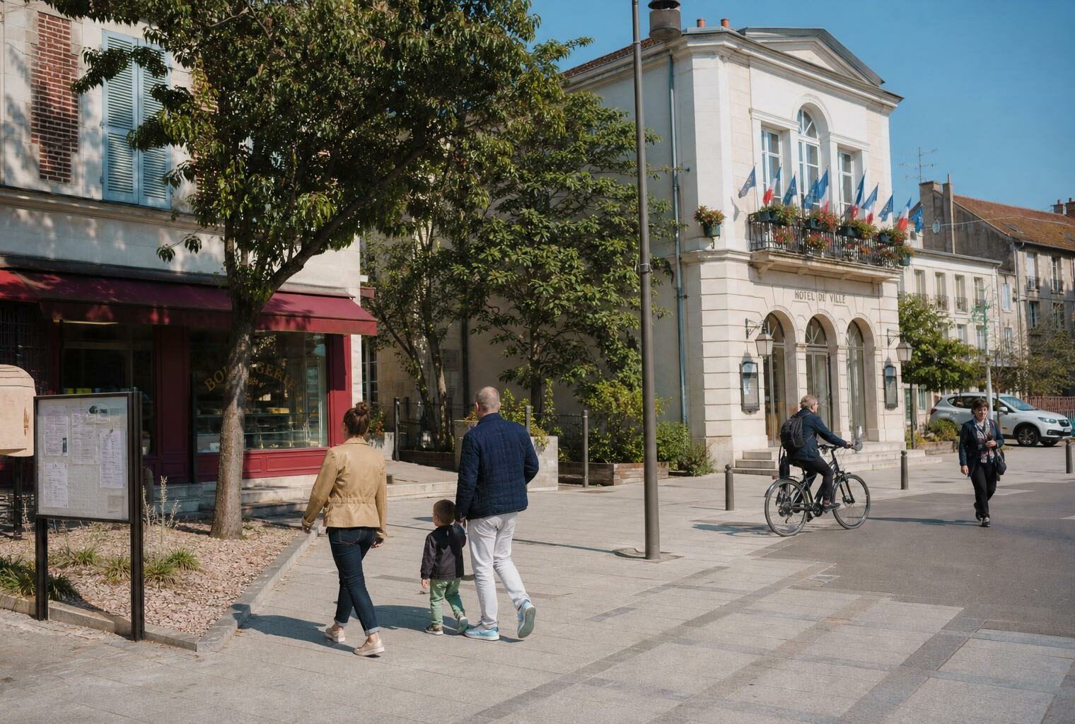 Rue et place de Bry-sur-Marne avec habitants anonymes, façade municipale et ambiance de ville moyenne en plein jour.