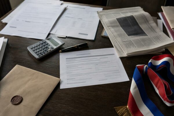 Flat lay journalistique sur le budget 2026 avec documents administratifs, calculatrice et badge tricolore, ambiance institutionnelle française.
