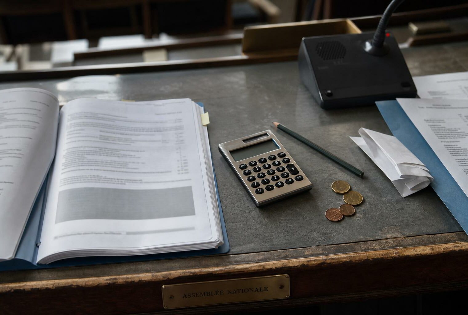 Vue en plongée d’un bureau parlementaire avec dossier budgétaire, calculatrice, pièces euro et plaque Assemblée nationale, illustrant le budget de la défense et la nomination à la Banque de France.