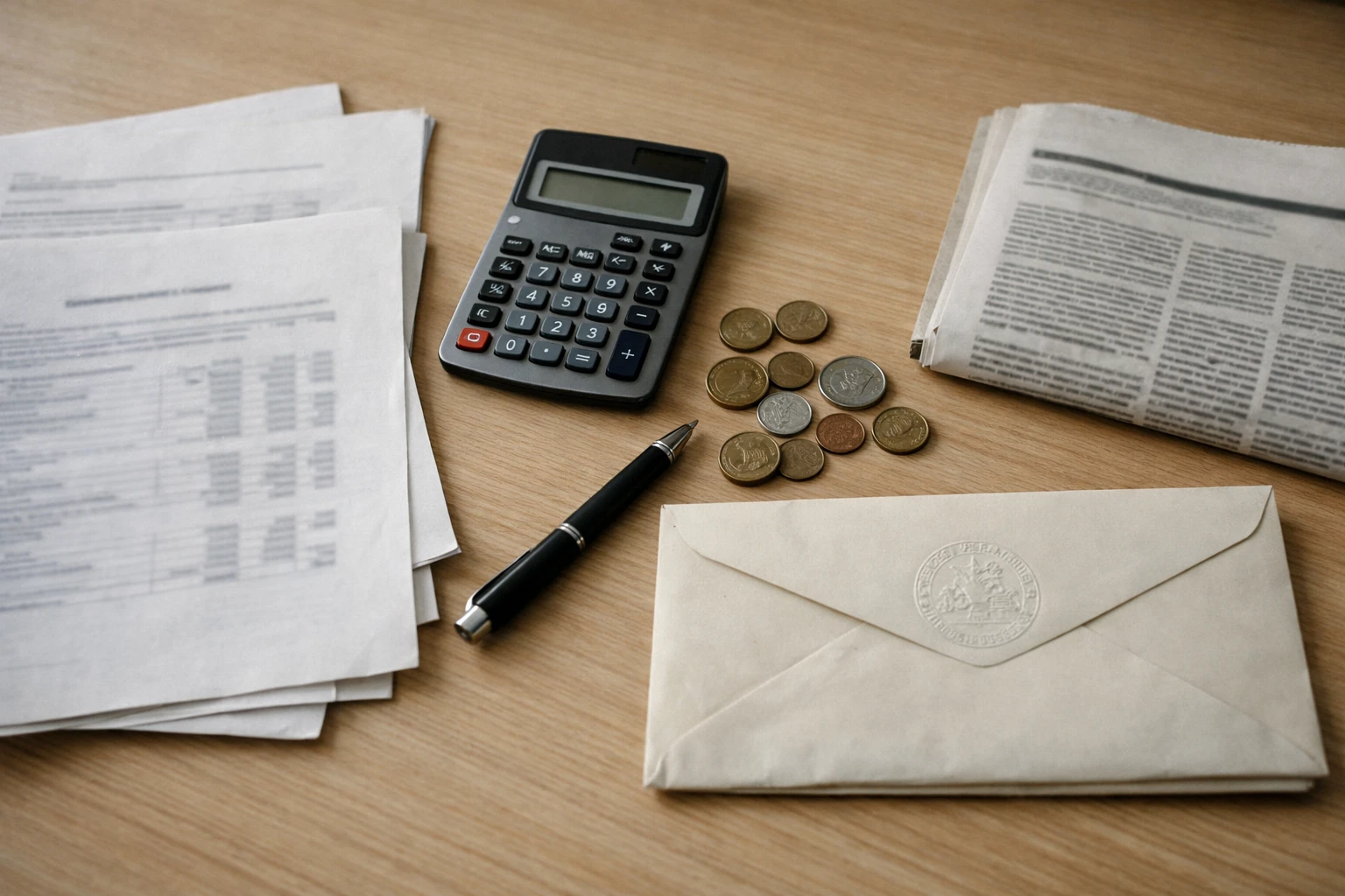 Vue de dessus d’un bureau avec documents budgétaires français, calculatrice et pièces d’euro pour illustrer le débat sur le budget