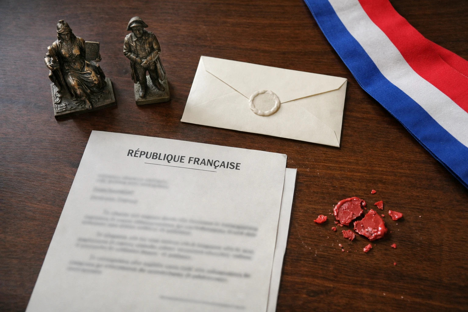 Vue de dessus d’un bureau institutionnel français avec deux statuettes, un document officiel flou et un sceau de cire brisé.
