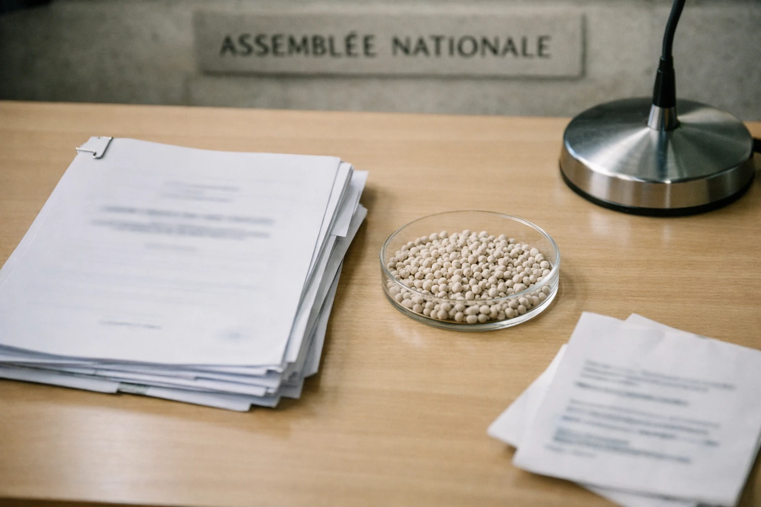 Dossier parlementaire sur le cadmium à l’Assemblée nationale avec documents, micro et plaque institutionnelle.