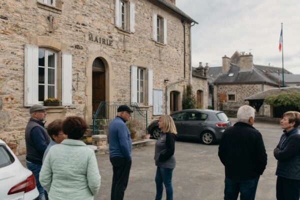 Déclaration de campagne présidentielle dans un village de l’Aveyron devant une mairie de bourg rural