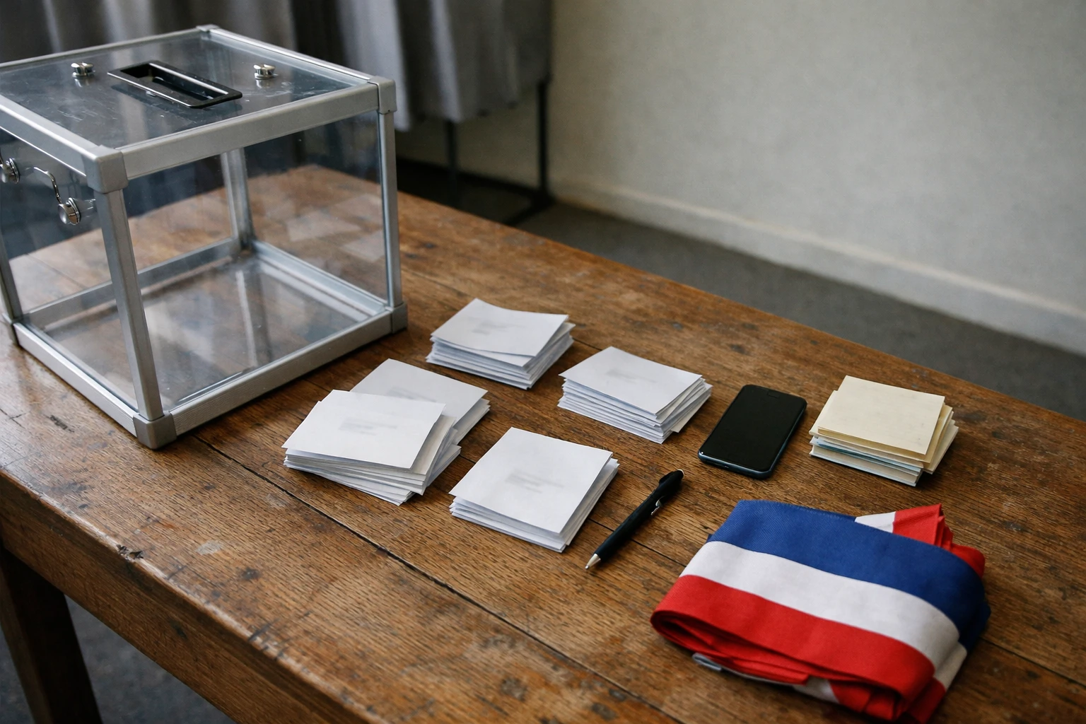 Table de préparation de campagne présidentielle avec urne transparente, documents flous et écharpe tricolore pliée dans un bureau français.