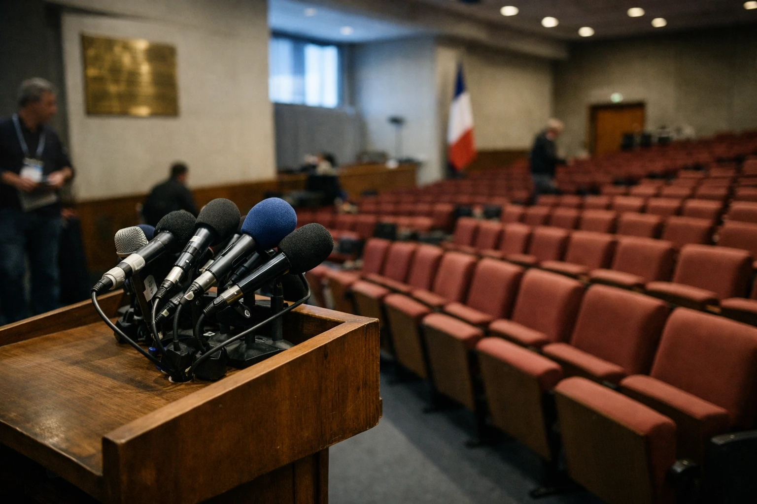 Salle de conférence politique vide avec pupitre, micros et rangées de sièges rouges à Reims